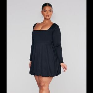 NWT PRETTYLITTLETHING 16 Plus Black Square Neck Puffball Hem Dress